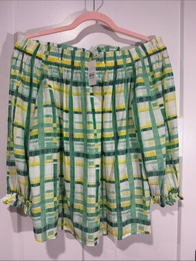 Ann Taylor Green, Yellow & White Plaid Off-Shoulder Top